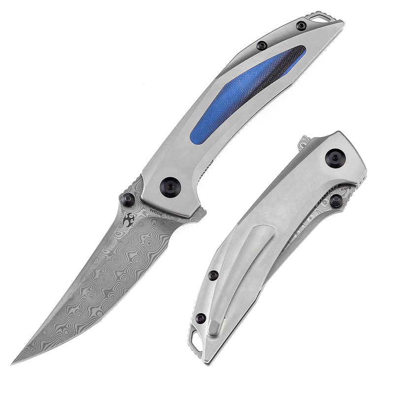 KANSEPT Baku Flipper/Thumb Hole Knife Titanium + G10 Inlay Handle (3.2'' Damascus Blade) Sparrow Knife Co Design-K1056A4