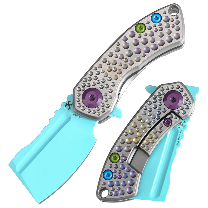 KANSEPT Mini Korvid Flipper knife Gradient Titanium Handle With Dimples Handle (1.45'' Light Blue Coating CPM S35VN Blade ) Koch Tools Design-K3030A10