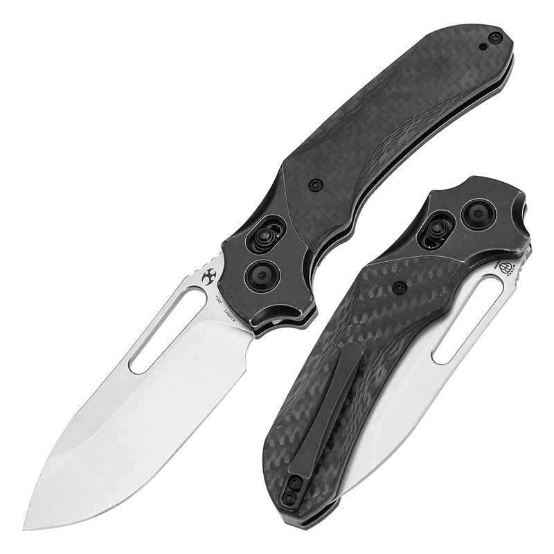 KANSEPT Quasar Cross Bar Lock Blackwash Titanium and Twill Carbon Fiber Handle (3.38" CPM 20CV Blade) with Munko Knives Design-K1099V2