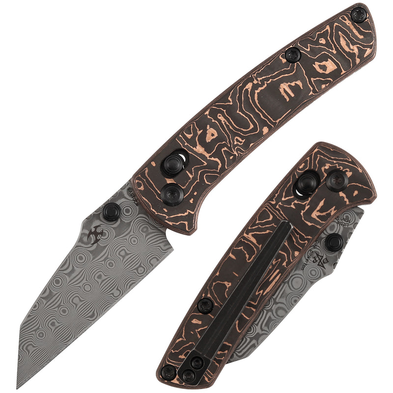 KANSEPT Little Main Street Cross Bar Lock Copper Carbon Fiber Handle (2.26'' Damascus Blade) Dirk Pinkerton Design-K2015V5