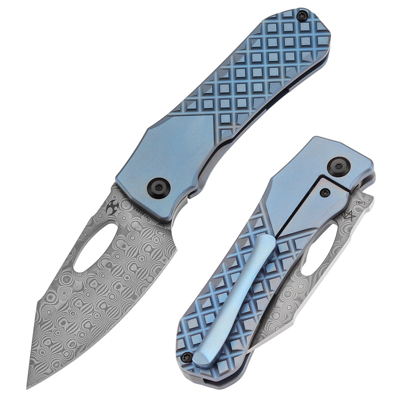 KANSEPT Loki Thumb Hole Knife Blue Anodized Titanium with Frag Pattern Handle (2.99''Damascus Blade)Steven Dunnuck Design-K1058B7