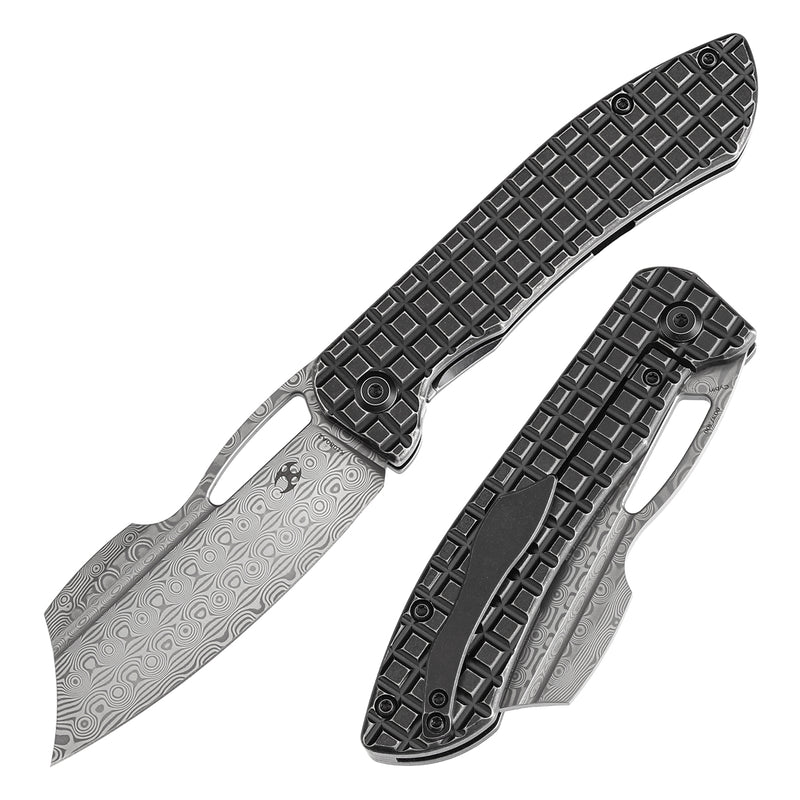 KANSEPT Cybin Thumb Hole Blackwash Titanium with Frag Pattern Handle (3.29''Damascus Blade ) Edgy Bladeworks Design -K1080A2