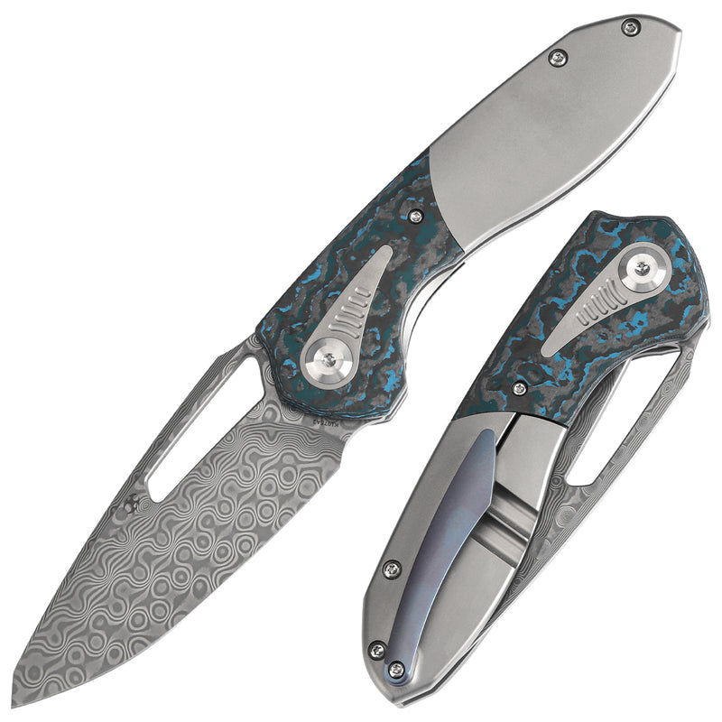 KANSEPT Thoth Thumb Hole Knife Bead Blasted Titanium and Arctic Storm Fat Carbon Handle (3.43''Damascus Blade ) Sparrow Knife Co Design -K1075A2