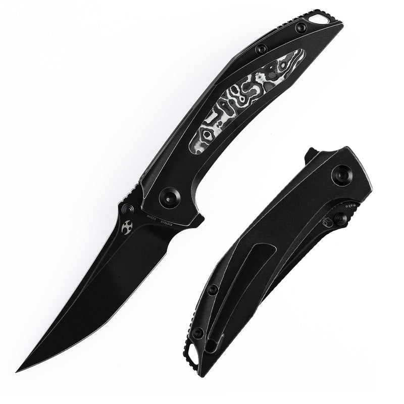 KANSEPT Baku Flipper/Thumb Hole Knife Titanium + Black White Carbon Fiber Inlay Handle (3.2'' CPM-S35VN Blade) Sparrow Knife Co Design -K1056A6