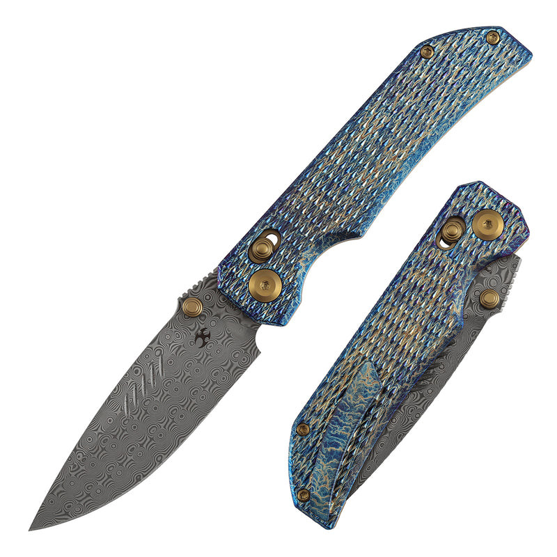【Preorder】Ship by Dec 10th-KANSEPT Eaglestrike Crossbar Lock Knife Lightning Strike Finish Titanium with Diamond Pattern Handle(3.73'' Damascus Blade) James Lowe Design-K1095V5