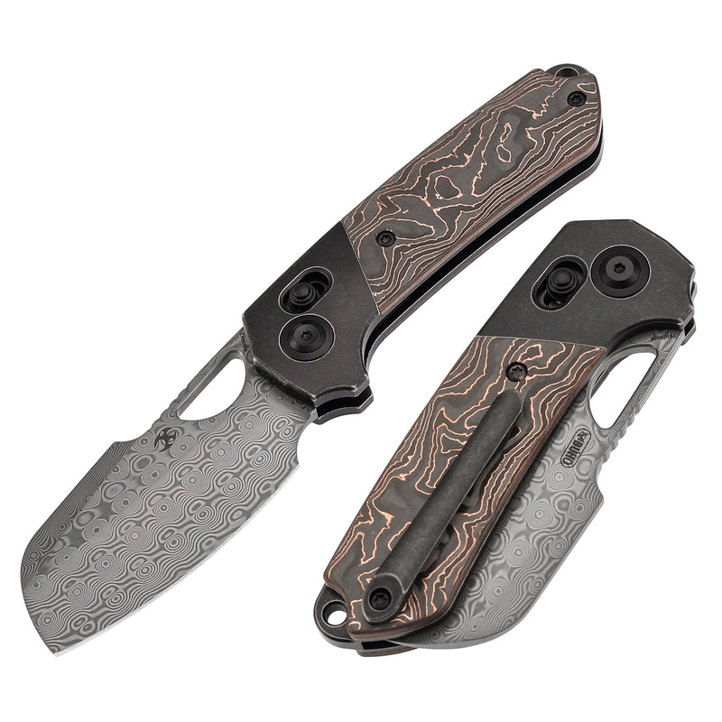 KANSEPT Nahual Crossbar Lock Knife Blackwash Titanium with Copper Carbon Fiber Handle(2.95" Damascus Blade)Javier Garcia Design-K2125V3