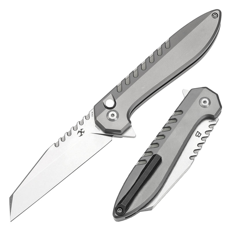 KANSEPT Kosame Button Lock Stonewashed Titanium with Jade G10 Inlay (3.37" 154CM Blade) with EI Spade Design-T1093F6