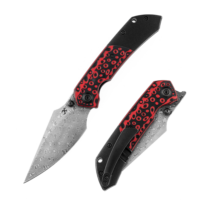 KANSEPT Fenrir Flipper/Thumb Hole Knife Black and Red G10  +Titanium Handle (3.48'' Dmascus Blade) Greg Schob Design-K1034A2