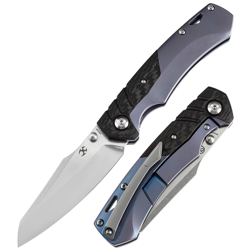 KANSEPT Weim Thumb Studs Knife Twill Carbon Fiber+Blue Anodized Titanium Handle (3.28''CPM S35VN Blade)Jonathan Styles Design-K1051A2