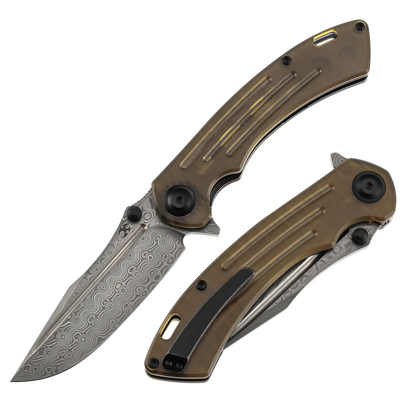 KANSEPT Pretatout Thumb Stub Flipper Amber PEI/Ultem Handle (3.56“ Damascus Blade) with Kmaxrom Design-K1032D4