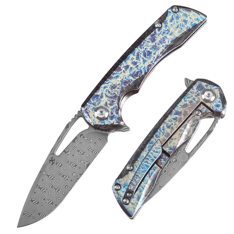 KANSEPT Mini Kryo Thumb Hole Titanium with Lightning Strike Finish Handle (2.9" Damascus Blade) Kim Ning Design-K2001S2