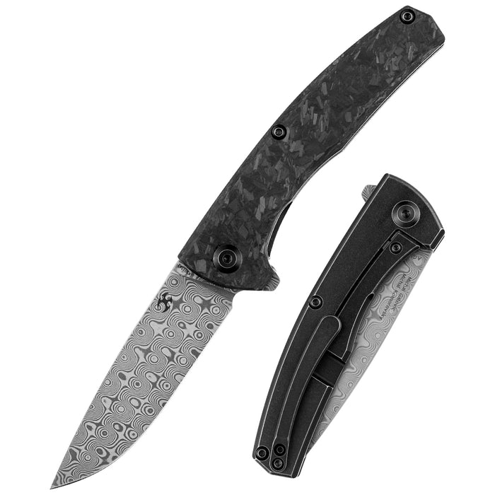KANSEPT AGI Flipper Knife  Twill Carbon Fiber + Titanium Handle (2.94''Dmascus Blade) Michal Galovic & Michal Komorovsky Design-K2037A2