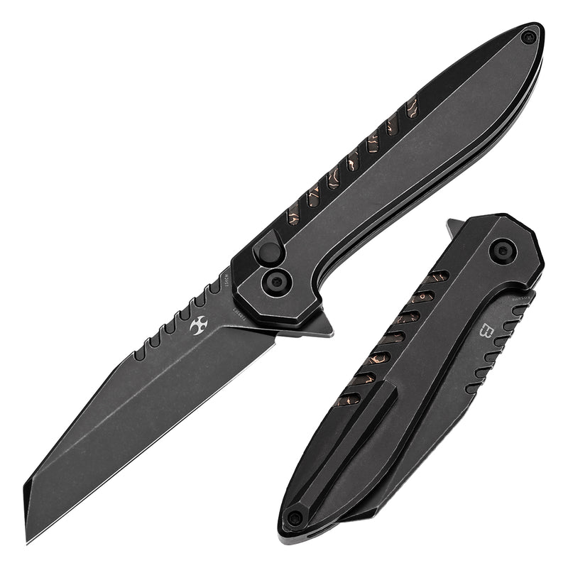 KANSEPT Kosame Button Lock Blackwash Titanium with Copper Carbon Fiber Inlay (3.37" 154CM Blade) with EI Spade Design-T1093F3