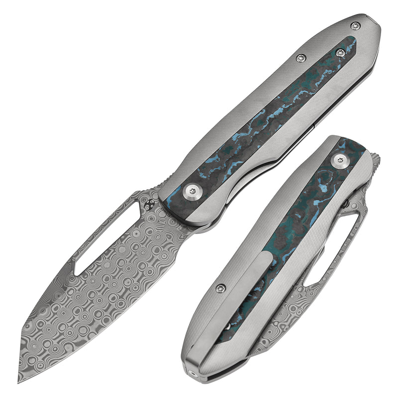 KANSEPT Thunderhead Thumb Hole Stonewashed Titanium with Artic Storm Carbon Fiber Handle (3.58" Damascus Blade) with K.C. Spiron Design-K1106A5