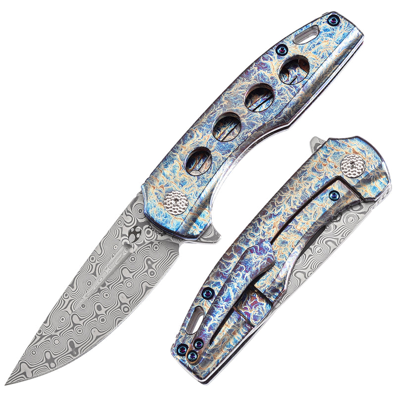 KANSEPT Cassowary Flipper Knife Titanium with Lightning Strike Finish Handle (2.9'' Damascus Blade) Koch Tools -K2065A3