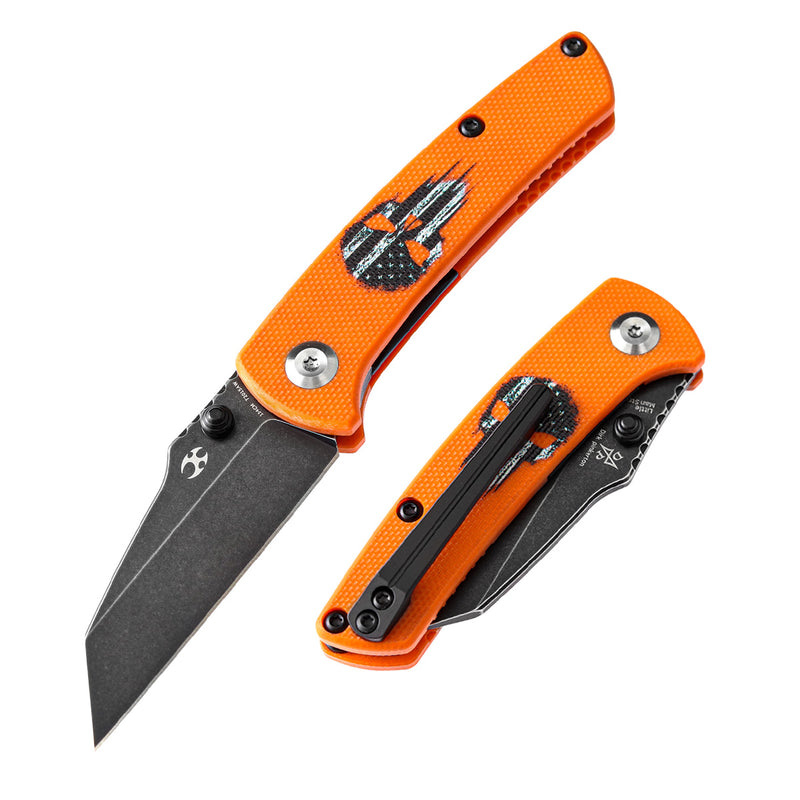 KANSEPT Little Main Street Thumb Studs Knife Orange G10 with Skull Print Handle (2.26'' 154CM Blade) Dirk Pinkerton Design -T2015AW