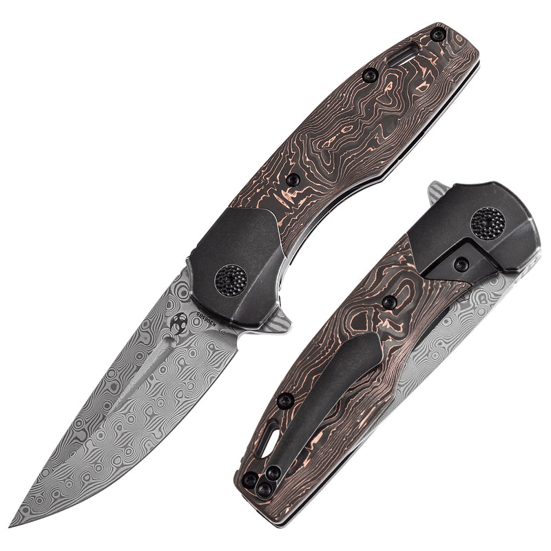 KANSEPT Cassowary Flipper Black Stonewashed Titanium and Copper Carbon Fiber Handle (2.9''Damascus Blade ) Koch Tools Design -K2065B5