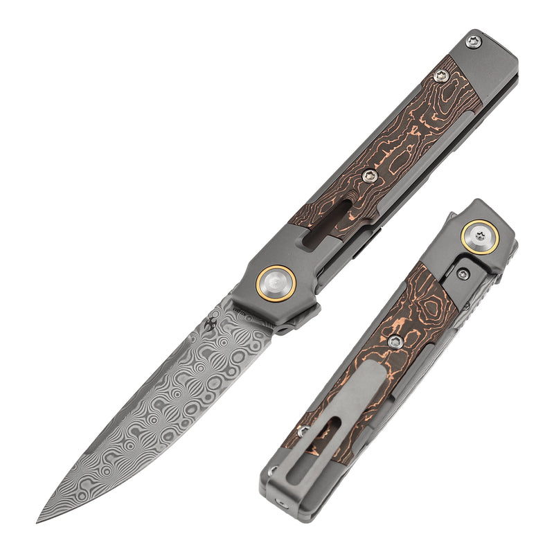 KANSEPT Kitpu Flipper Stonewashed Titanium with Copper Carbon Fiber (2.9" Damascus) Jonathan Styles Design- K2123A5