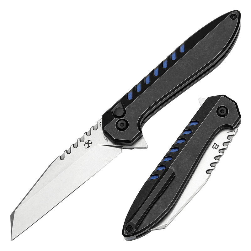 KANSEPT Kosame Button Lock Blackwash Titanium with Blue G10 Inlay (3.37" 154CM Blade) with EI Spade Design-T1093F4