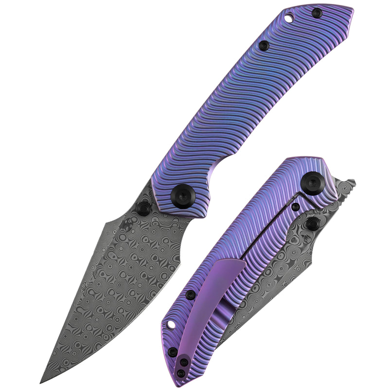 【Preorder】Ship by Dec.20th-KANSEPT Fenrir Frame Lock Purple Anodized Titanium with Micro Milled Water Ripple Texture Handle (3.48'' Damascus Blade) Sparrow Knife Designed- K1034C5