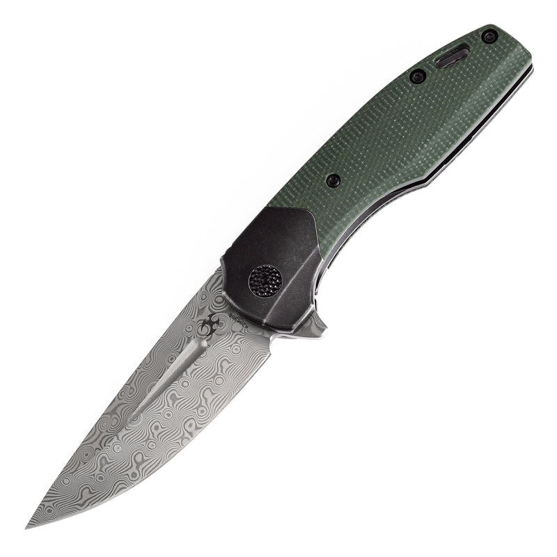 KANSEPT Cassowary Flipper Black Stonewashed Titanium and Green Micarta Titanium Handle (2.9''Damascus Blade ) Koch Tools Design -K2065B6