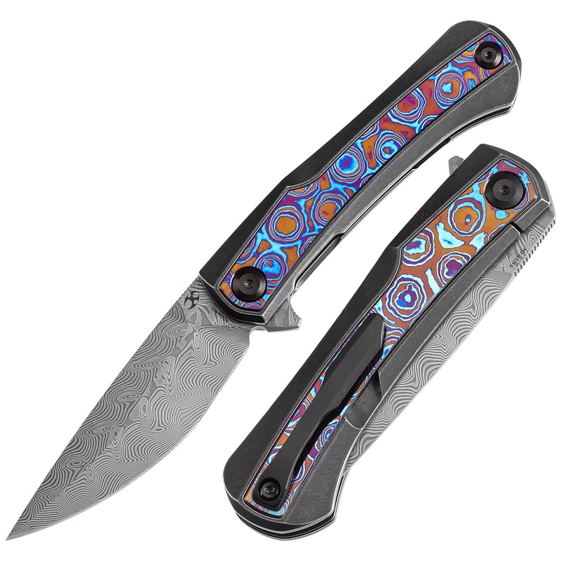 KANSEPT Kratos Flipper Knife Titanium Handle + Timascus Inlay Handle (3.79‘'DamascusBlade)Ostap Hel Design-K1024A10