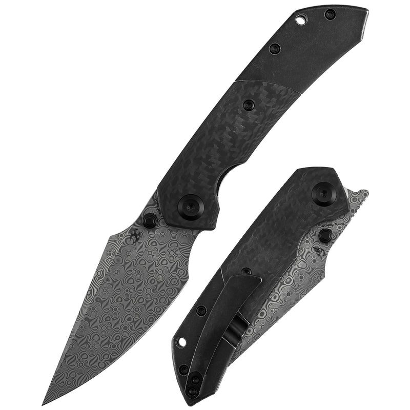 KANSEPT Fenrir Liner Lock Blackwash Titanium & Twill Carbon Fiber with G10 Handle (3.48'' DamascusBlade) Sparrow Knife Designed- K1034D1
