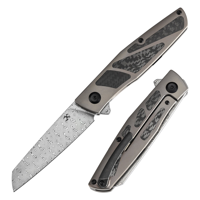 KANSEPT Cru Flipper Knife Bronze Anodized Titanium & Twill Carbon Fiber Handle(3.46''Damascus Blade) Villella Knives Design-K1092A4