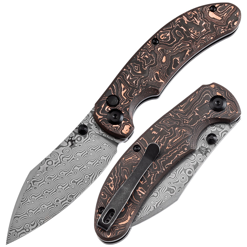 KANSEPT Nesstreet Button Lock Copper Carbon Fiber Handle(3.58" Damascus Blade) with Karambit Maker design-K1039F7