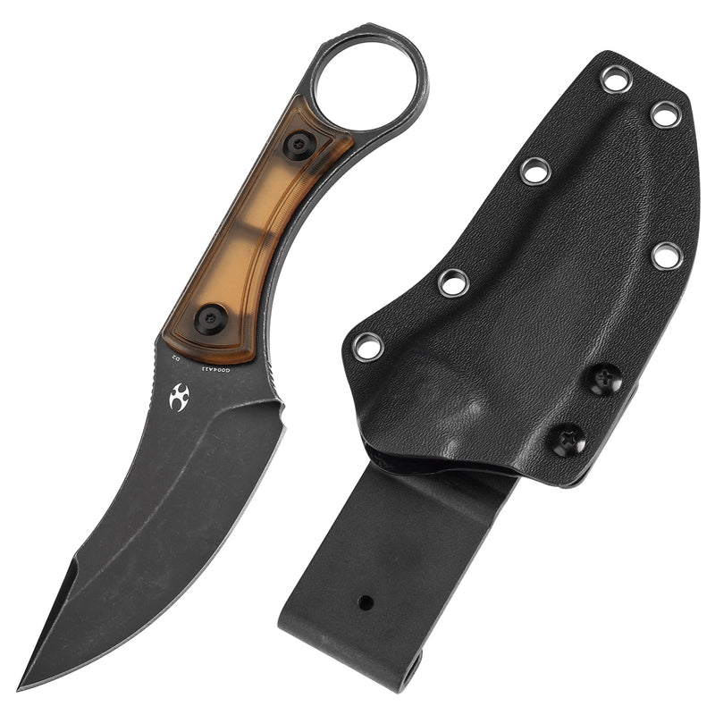 KANSEPT Niko Fixed Knife Amber PEI Handle (3.54'' Blackwash D2 Blade ) with Sheath Marco Knives Design -G004A11