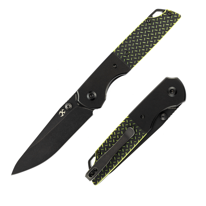 Warrior T1005S2 Black TiCn Coated and Stonewashed Drop Point D2 Blade Black Anodized Aluminum Bolster + Black and Green G10 Handle with Kim Ning Design