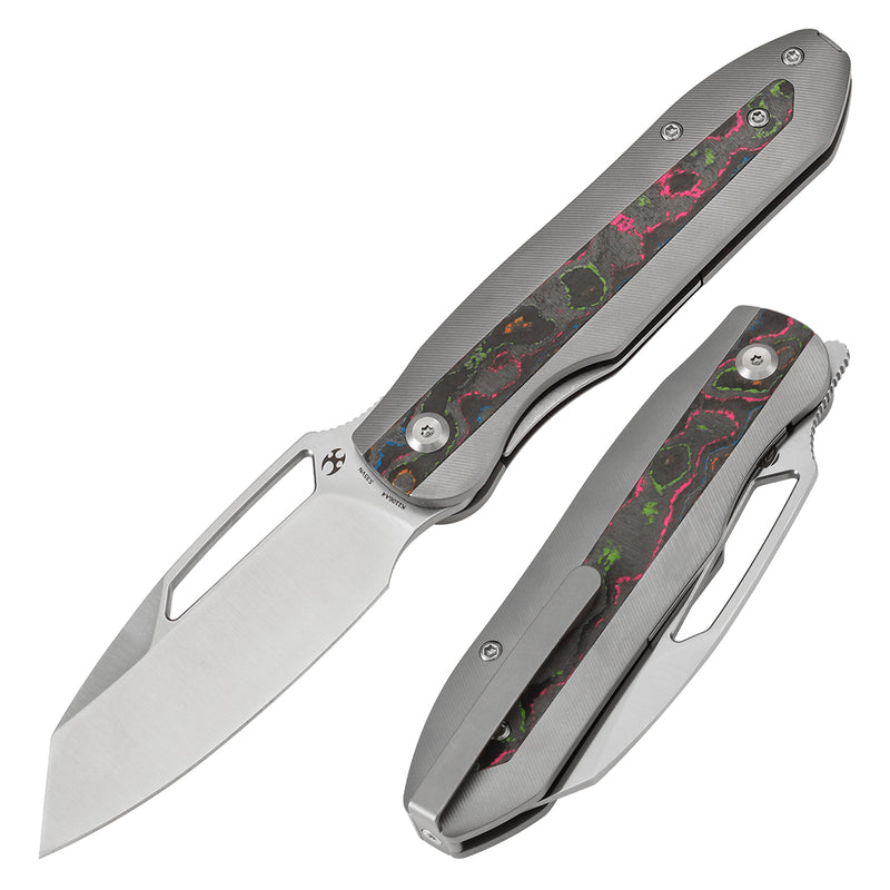 KANSEPT Thunderhead Thumb Hole Stonewashed Titanium with 80S Camo Carbon Fiber Inlay Handle (3.58" CPM S35VN Blade) with K.C. Spiron Design-K1106A4