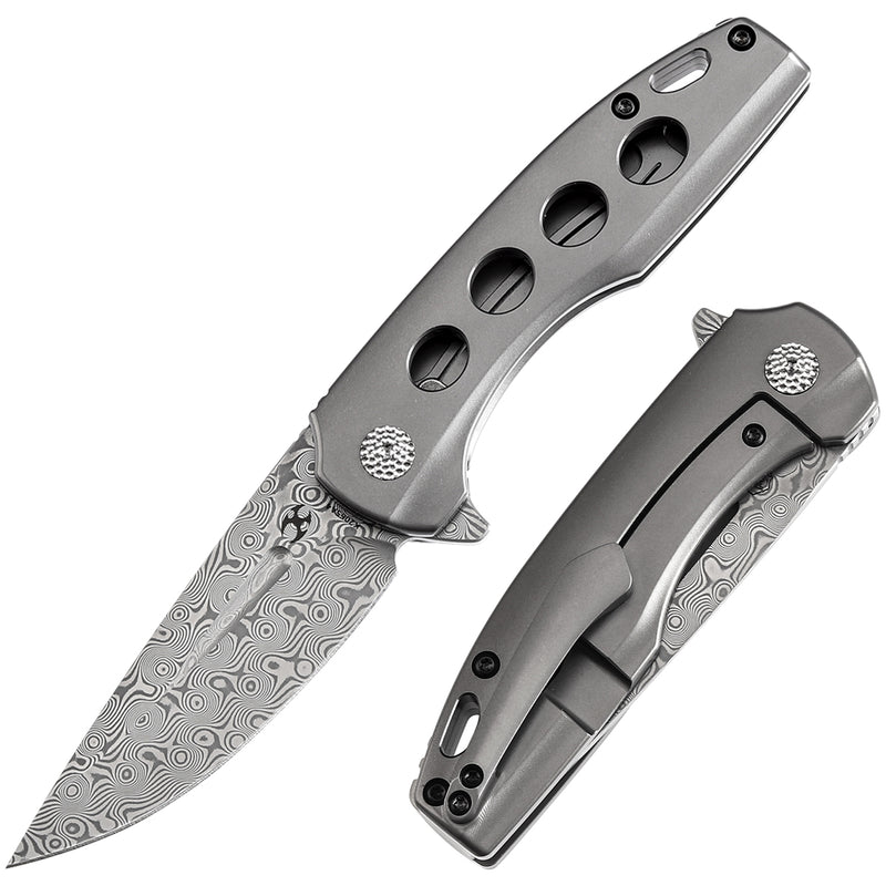 KANSEPT Cassowary Flipper Knife Grey Anodized Titanium Handle (2.9'' Damascus Blade) Koch Tools -K2065A4