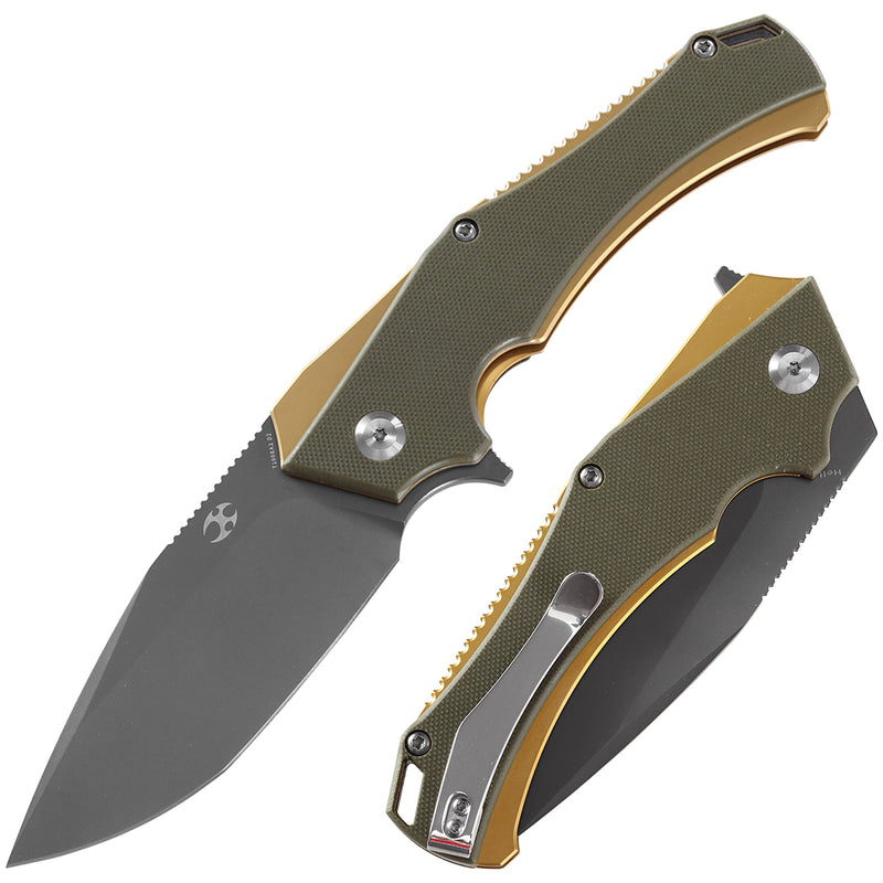 KANSEPT Hellx T1008A2 Budget-Friendly Folding Hunting Knife with Green G10 Handle Gray TiCn Coated D2 Blade