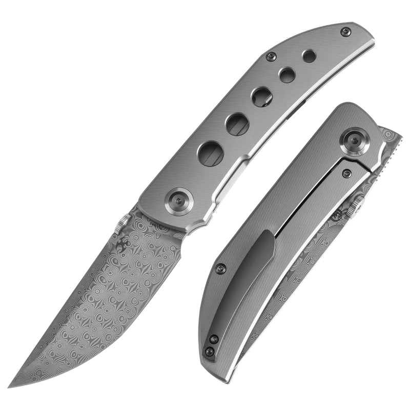 KANSEPT Tarkin Frame Lock Knife Bead Blasted Titanium with Holes Handle (3.36'' Damascus Blade) Matthew Christensen Design - K1078A5