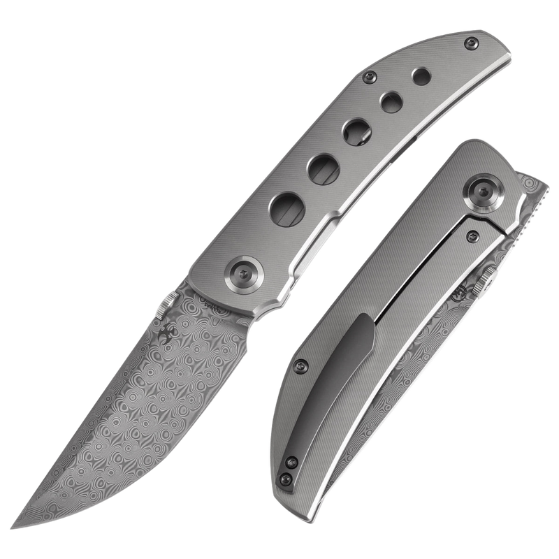 KANSEPT Tarkin Frame Lock Knife Bead Blasted Titanium with Holes Handle (3.36'' Damascus Blade) Matthew Christensen Design - K1078A5