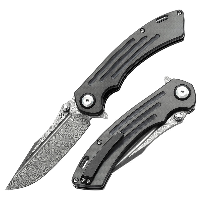 KANSEPT Pretatout Thumb Stub Flipper Carbon Fiber and G10 Handle (3.56“ Damascus Blade) with Kmaxrom Design-K1032D3