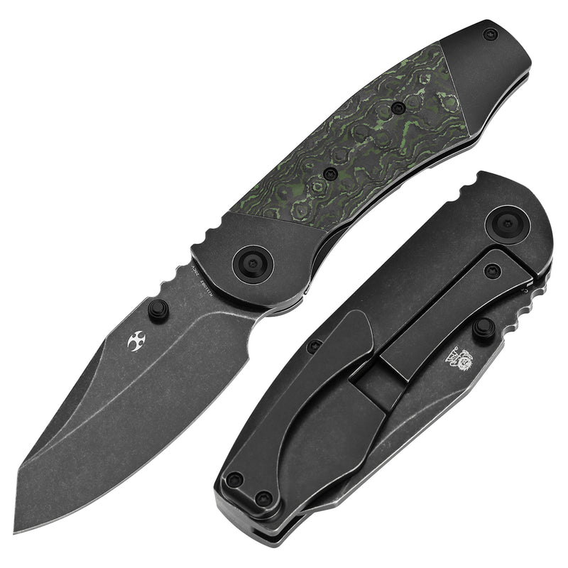 KANSEPT Caveman Thumb Stub Blackwash Titanium with Jungle Wear Fatcarbon Handle (3.57" CPM 20CV Blade) with Jesse Pauley Design-K1110B2