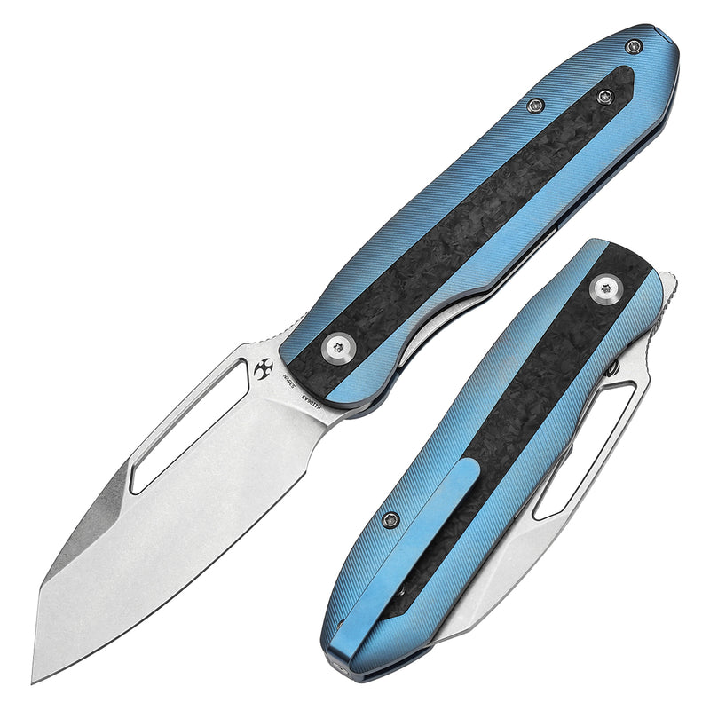 KANSEPT Thunderhead Thumb Hole Blue Titanium with Shred Carbon Fiber Inlay Handle (3.58" CPM S35VN Blade) with K.C. Spiron Design-K1106A3