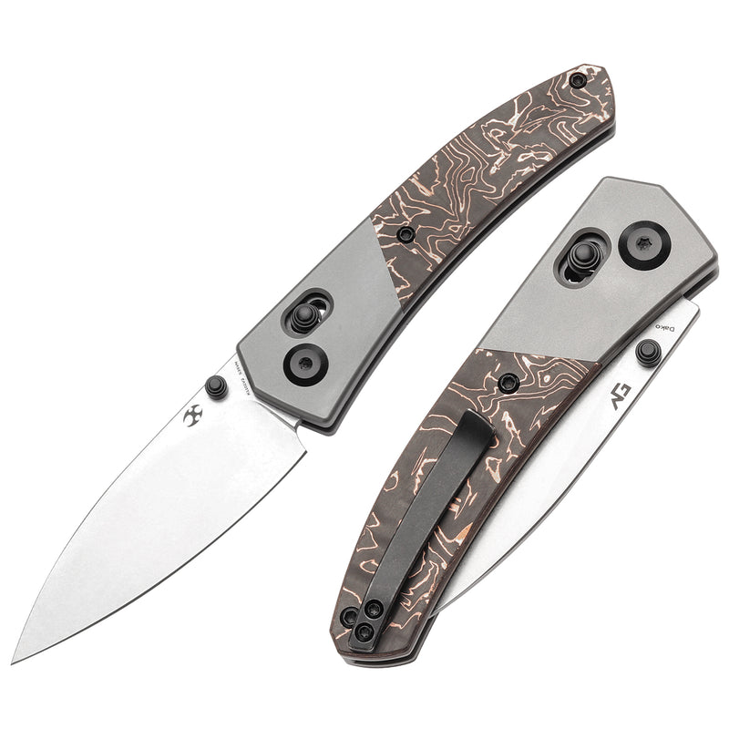 KANSEPT Dako Cross Bar Lock Stonewashed Titanium with Copper Carbon Fiber Handle (3.19" CPM S35VN Blade) with Eddy M Design-K1101V2