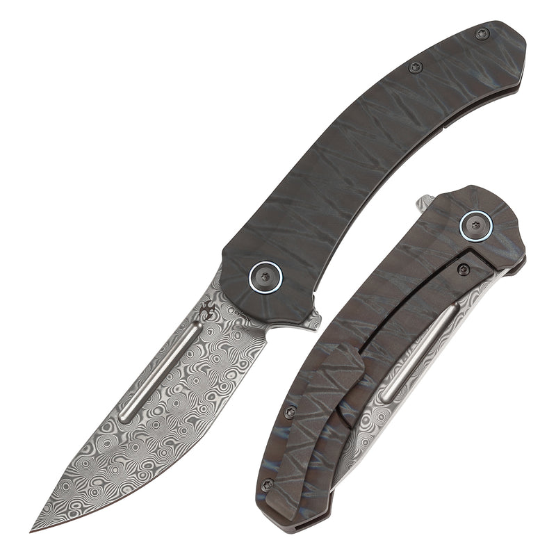 KANSEPT Hira Flipper Tiger Stripe Flamed Titanium Handle (3.46" Damascus Blade) with Marco Knives Design-K1090A5