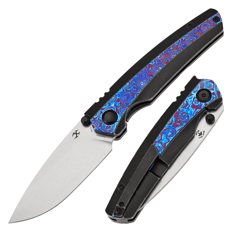 KANSEPT Thumb Stub Raven Blackwash Titanium wtih Timascus Handle (3.13" CPM 20CV Blade) with Black Bird Blades Design-K2109A5