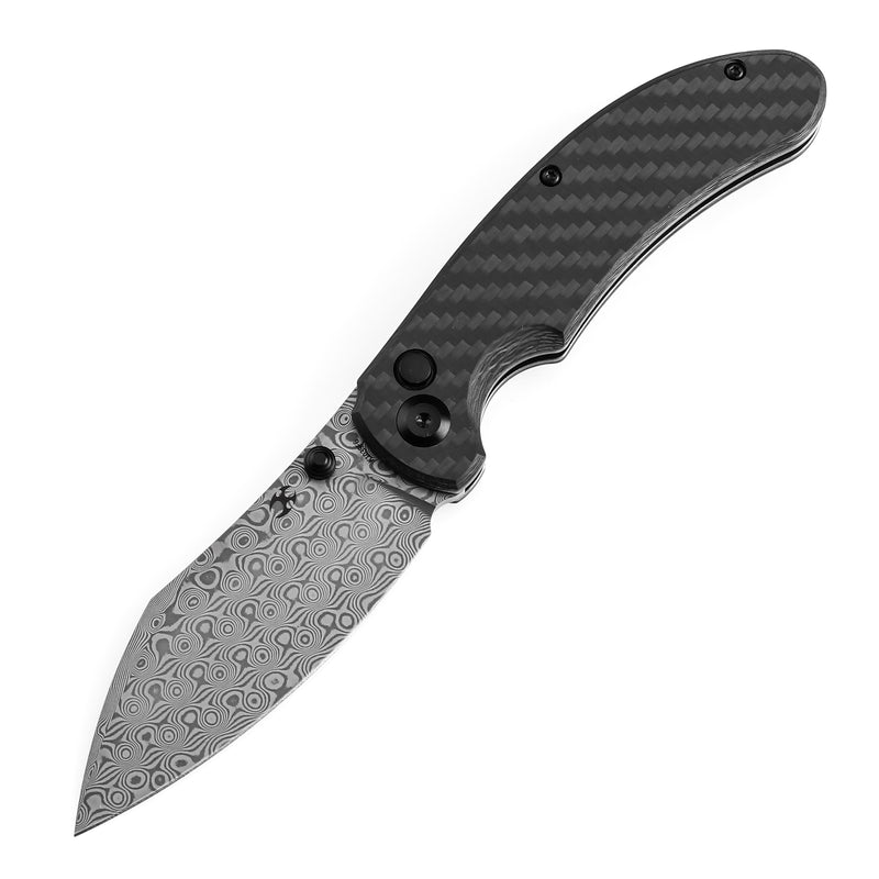 KANSEPT Nesstreet Button Lock Twill Carbon Fiber Handle(3.58" Damascus Blade) with Karambit Maker design-K1039F6