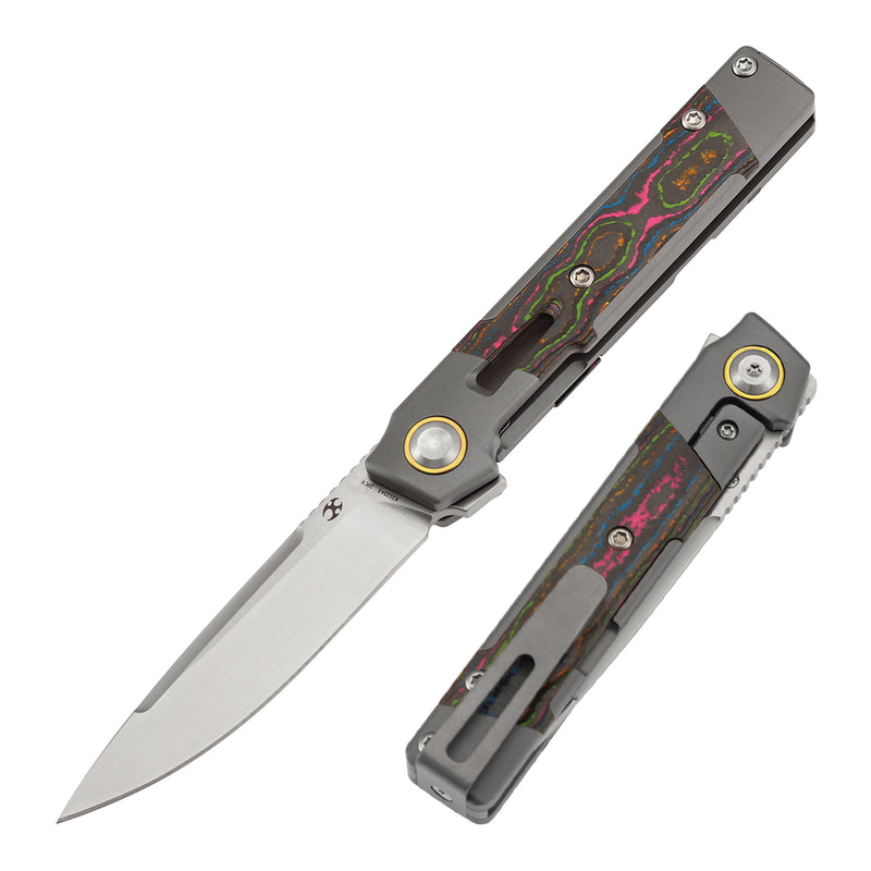 KANSEPT Kitpu Flipper Stonewashed Titanium with 80S Camocarbon (2.9" Satin CPM 20CV) Jonathan Styles Design- K2123A3
