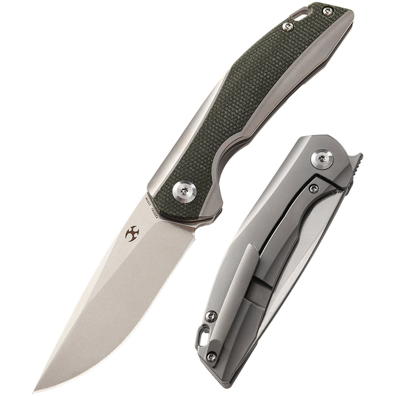 KANSEPT Mini Accipiter Front Flipper Knife OD Green Canvas Micarta +Titanium Handle( 2.9" CPM S35VN Blade) Kim Ning Design-K2007A1