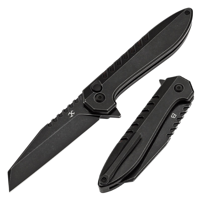 KANSEPT Kosame Button Lock Blackwash Titanium with Black & Red G-mascus (3.37" 154CM Blade) with EI Spade Design-T1093F5