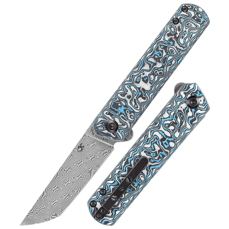 KANSEPT Foosa Slip Joint/Flipper Knife Blue White Carbon Fiber Handle (3.06"Damascus Blade) Rolf Helbig Design-K2020T2
