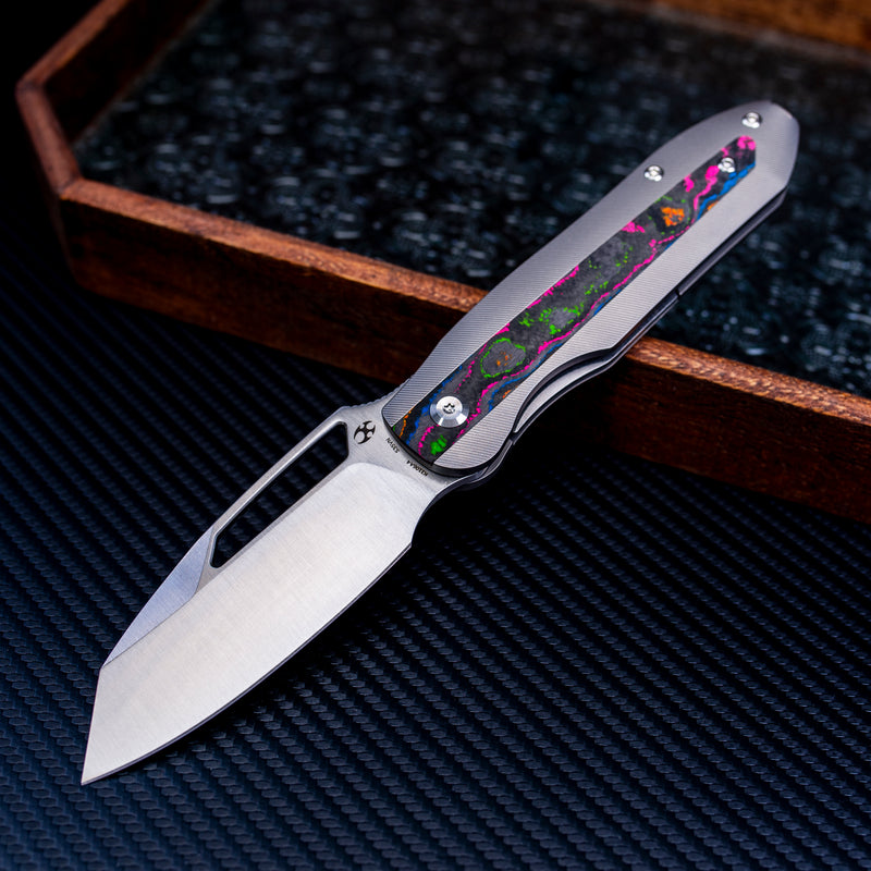 KANSEPT Thunderhead Thumb Hole Stonewashed Titanium with 80S Camo Carbon Fiber Inlay Handle (3.58" CPM S35VN Blade) with K.C. Spiron Design-K1106A4