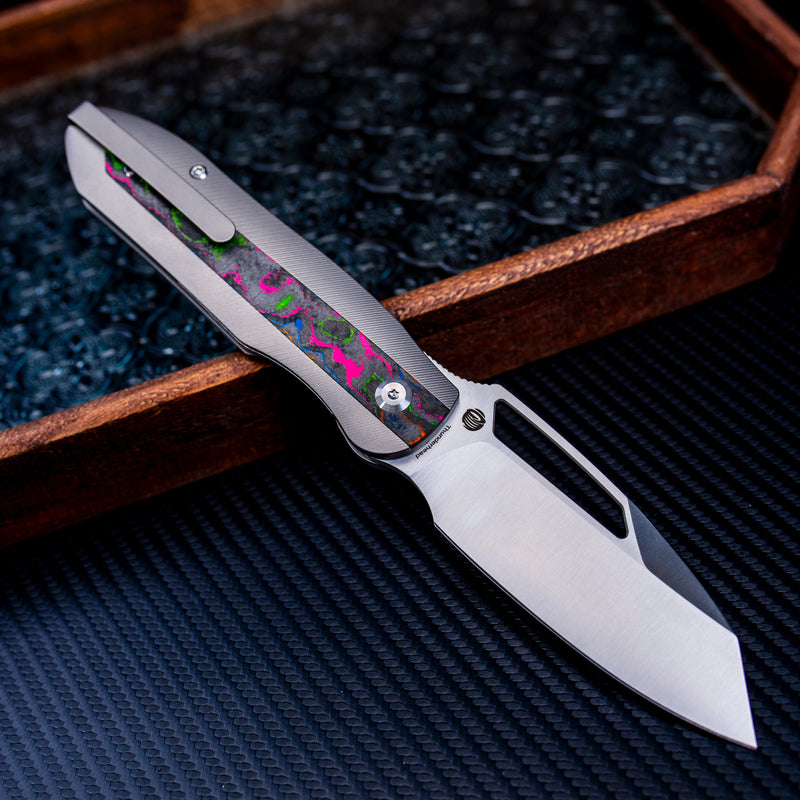 KANSEPT Thunderhead Thumb Hole Stonewashed Titanium with 80S Camo Carbon Fiber Inlay Handle (3.58" CPM S35VN Blade) with K.C. Spiron Design-K1106A4