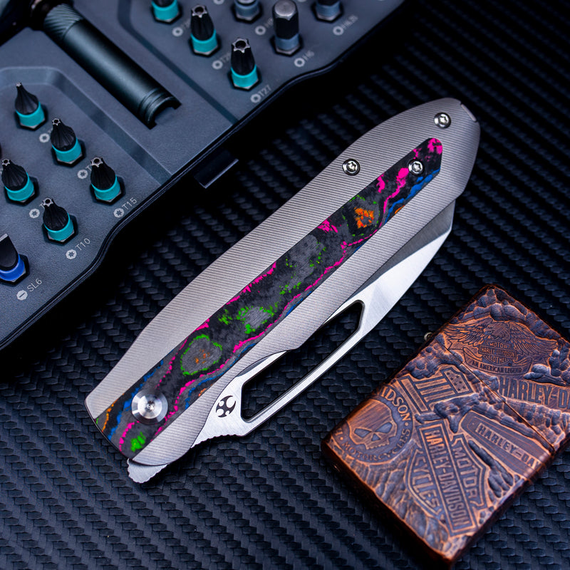 KANSEPT Thunderhead Thumb Hole Stonewashed Titanium with 80S Camo Carbon Fiber Inlay Handle (3.58" CPM S35VN Blade) with K.C. Spiron Design-K1106A4